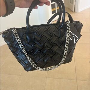 Black Woven Vegan Handbag with Chain Strap Adjustable Measurements 9 x 8 x 5